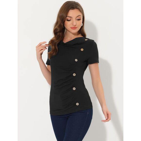 Cowl Neck Women's Short Sleeve Button Decor Ruched Casual Basic T-Shirt Black - Picture 4 of 6